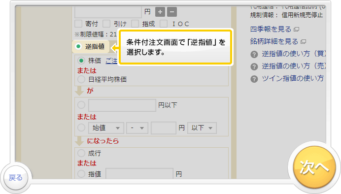 「逆指値注文」のお取引デモです。