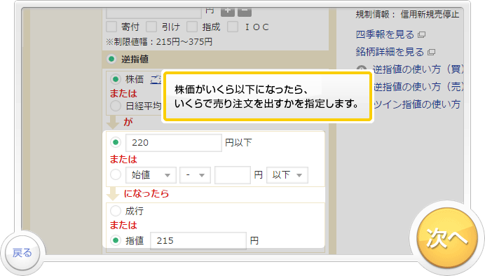 「逆指値注文」のお取引デモです。