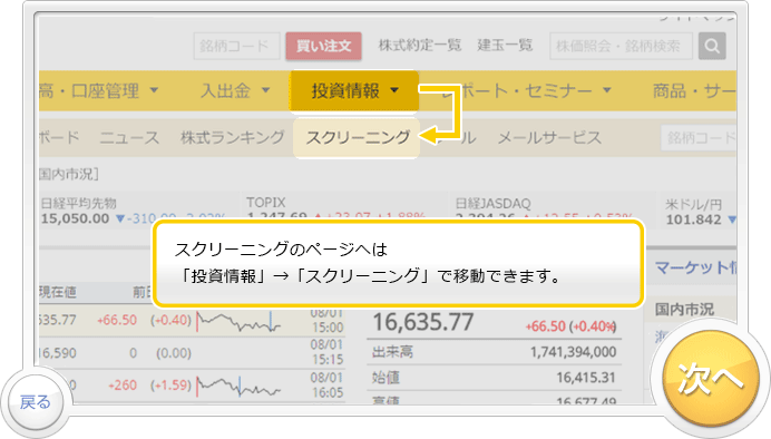 「スクリーニング」のお取引デモです。