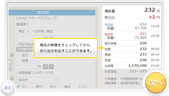 「売り注文」のお取引デモです。