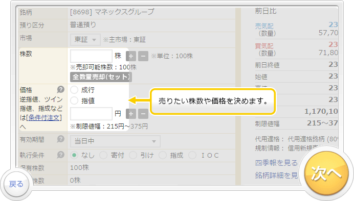 「売り注文」のお取引デモです。