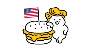 米国株のイラスト：アメリカ国旗が刺さったハンバーガーとNISA猫