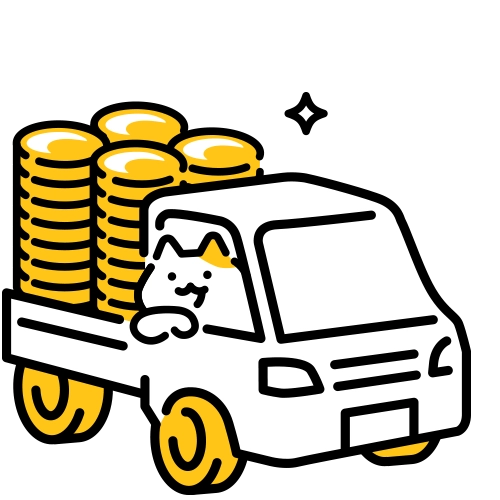 大量のコインを荷台に載せてトラックを運転しているNISA猫