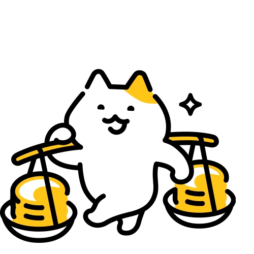 天秤の受け皿にコインを載せて笑顔で運んでいるNISA猫