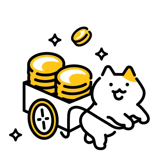 たくさんのコインを載せた台車を引いているNISA猫