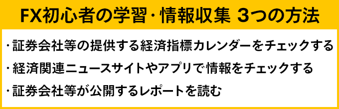 FX初心者の学習・情報収集 3つの方法 ・証券会社等の提供する経済指標カレンダーをチェックする。・経済関連ニュースサイトやアプリで情報をチェックする。・証券会社等が公開するレポートを読む。