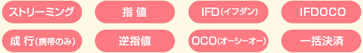 ストリーミング 指値　IFD(イフダン) IFDOCO 成行(携帯のみ) 逆指値 OCD(オーシーオー) 一括決済