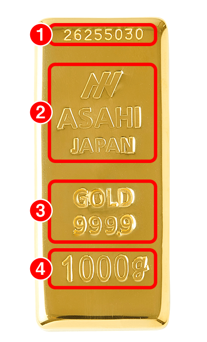 ゴールドバー画像：① 26255030、② ASAHI JAPAN、③ GOLD 999.9、④ 1000g。