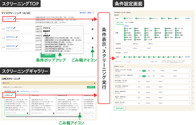 スクリーニングTOPとスクリーニングギャラリーから条件設定画面に遷移。条件表示、スクリーニング実行。