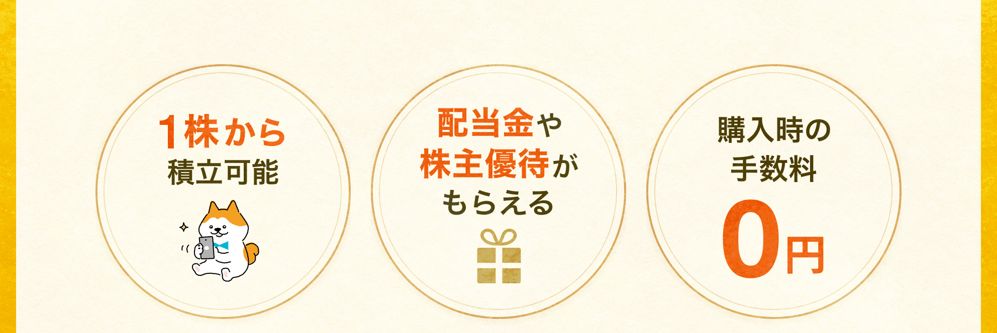 1株から積立可能 配当金や株主優待がもらえる 購入時の手数料0円