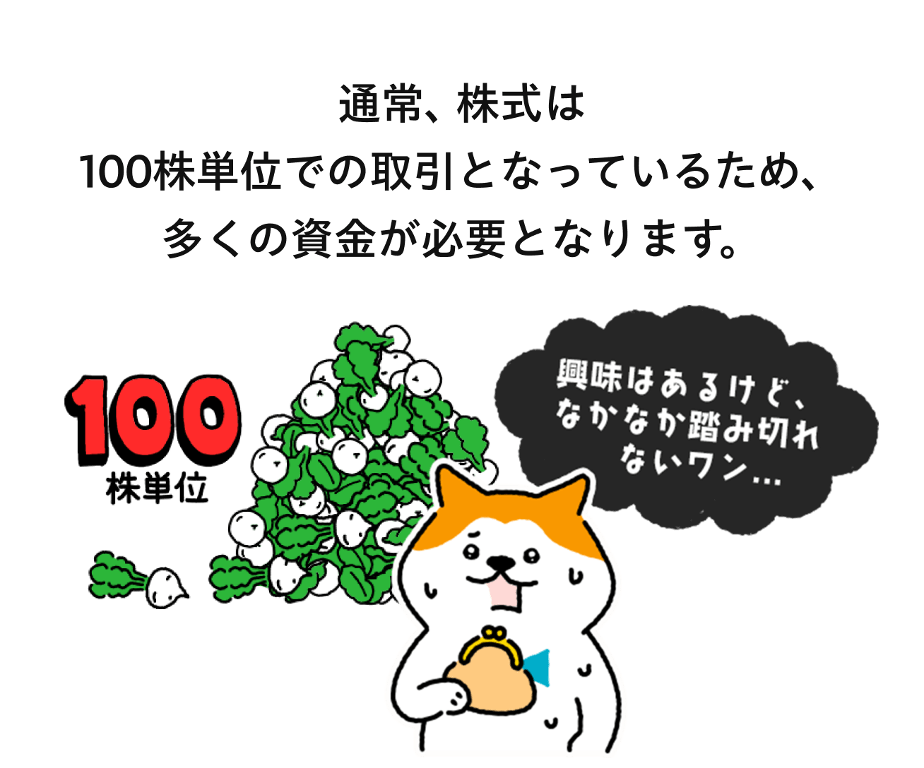 通常、株式は100株単位での取引となっているため、多くの資金が必要となります。