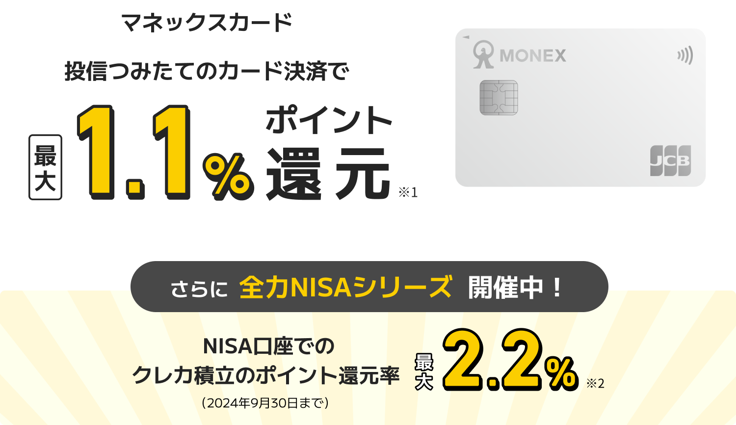 マネックスカード 投信つみたてのカード決済で最大1.1%ポイント還元 さらに全力NISAシリーズ開催中！