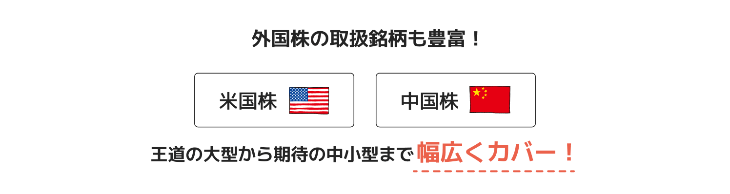 外国株の取扱銘柄も豊富！ 米国株/中国株 王道の大型から期待の中小型まで幅広くカバー！