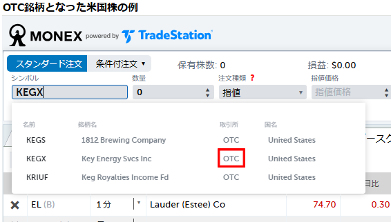 OTC銘柄となった米国株の例