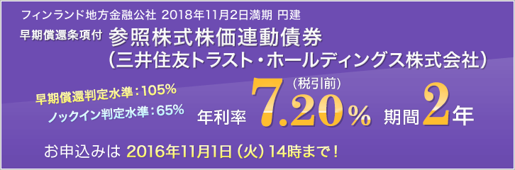 フィンランド地方金融公社2018年11月2日満期 円建 早期償還条項付 参照株式株価連動債券（三井住友トラスト・ホールディングス株式会社）