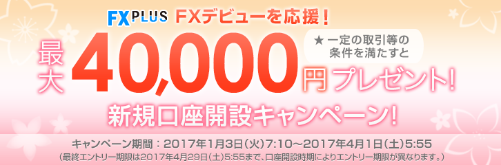 FXPLUS FXデビューを応援！ 最大40,000円プレゼント！ 新規口座開設キャンペーン