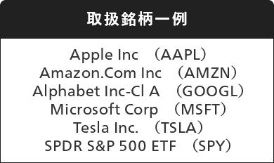 取扱銘柄一例 Apple Inc（AAPL）,Amazon.Com Inc（AMZN）,Alphabet Inc-Cl A（GOOGL）,Microsoft Corp（MSFT）,Tesla Inc.（TSLA）,SPDR S&P 500 ETF（SPY）