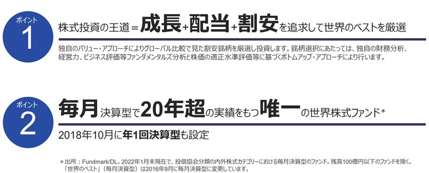 ポイント1 株式投資の王道＝成長＋配当＋割安を追求して世界のベストを厳選。ポイント2 毎月決算型で20年超の実績をもつ唯一の世界株式ファンド。