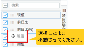 項目設定の項目一覧キャプチャ。項目をドラッグアンドドロップで移動させる様子。