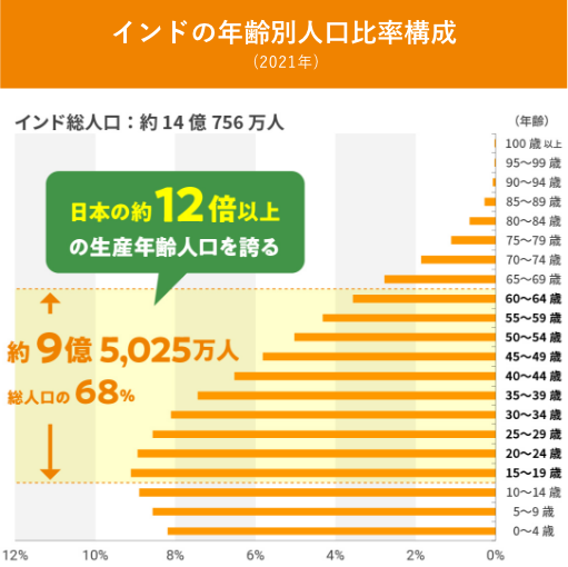 インドの年齢別人口比率構成（2021年）インド総人口：約14億756万人。日本の約12倍以上の生産年齢人口を誇る（約9億5,025万人総人口の68％）