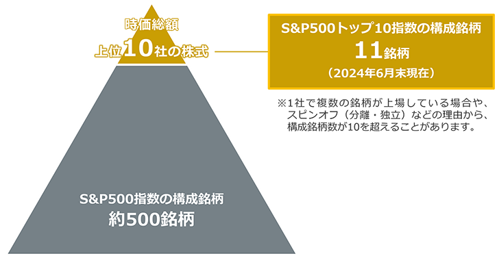 ピラミッド構造のイラスト：ピラミッド型上部が、時価総額上位10社の株式（S&P500トップ10指数の構成銘柄11銘柄（2024年6月末現在））。※1社で複数の銘柄が上場している場合や、スピンオフ（分離・独立）などの理由から、構成銘柄数が10を超えることがあります。ピラミッド型下部が、S&P500指数の構成銘柄約500銘柄。