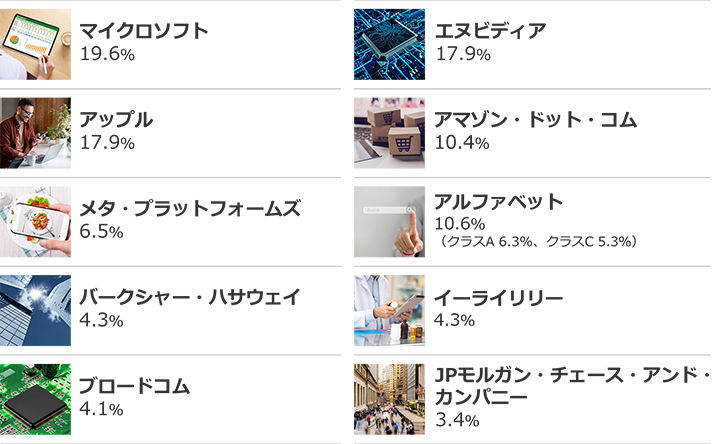 マイクロソフト：19.6％、エヌビディア：17.9％、アップル：17.9％、アマゾン・ドット・コム：10.4％、メタ・プラットフォームズ：6.5％、アルファベット：10.6％（クラスA 6.3％、クラスC 5.3％）、バークシャー・ハサウェイ：4.3％、イーライリリー：4.3％、ブロードコム：4.1％、JPモルガン・チェース・アンド・カンパニー：3.4％