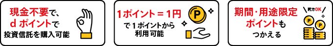 現金不要で、dポイントで投資信託を購入可能。1ポイント＝1円で、1ポイントから利用可能。期間・用途限定ポイントもつかえる。