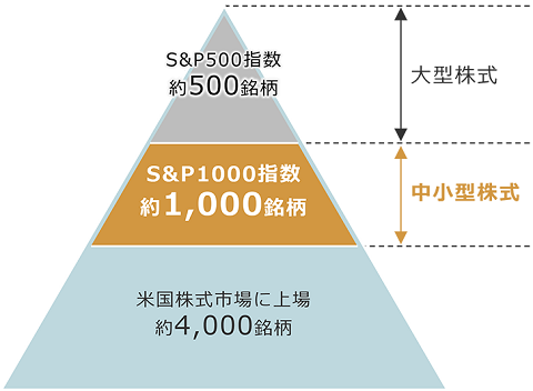 2024年8月末現在のS&P1000指数の構成銘柄を表す図：約4,000銘柄が米国株式市場に上場、約1,000銘柄がS&P1000指数（中小型株式）、約500銘柄がS&P指数（大型株式）。