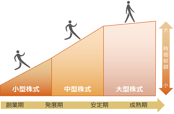 企業の発展段階と時価総額のイメージ図：創業期から発展期は小型株式、発展期から安定期は中型株式、安定期から成熟期は大型株式。小型株式、中型株式、大型株式の順に、時価総額は大きくなっていく。