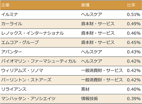 2024年8月末現在のS&P1000指数の構成上位10銘柄：企業イルミナ、業種ヘルスケア、比率0.51％。企業カーライル、業種資本財･サービス、比率0.49％。企業レノックス・インターナショナル、業種資本財･サービス、比率0.46％。企業エムコア・グループ、業種資本財･サービス、比率0.45％。企業アバンター、業種ヘルスケア、比率0.43％。企業バイオマリン・ファーマシューティカル、業種ヘルスケア、比率0.42％。企業ウィリアムズ・ソノマ、業種一般消費財・サービス、比率0.42％。企業バーリントン・ストアーズ、業種一般消費財・サービス、比率0.42％。企業リライアンス、業種素材、比率0.40％。企業マンハッタン・アソシエイツ、業種情報技術、比率0.39％。