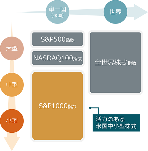 株価指数の地域と規模の分散のイメージ：大型、単一国（米国）にS&P500指数とNASDAQ100指数。大型、中型、世界に全世界株式指数。中型～小型、単一国（米国）にS&P1000指数（活力のある米国中小型株）。