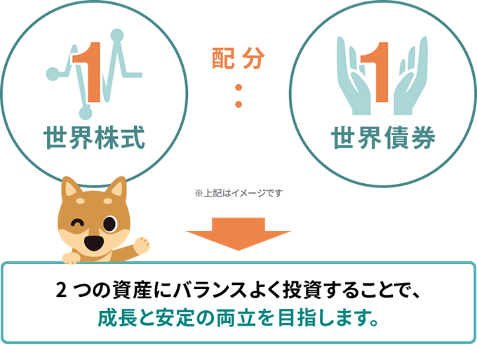 世界株式と世界債権の配分1：1。2つの資産にバランスよく投資することで、成長と安定の両立を目指します。