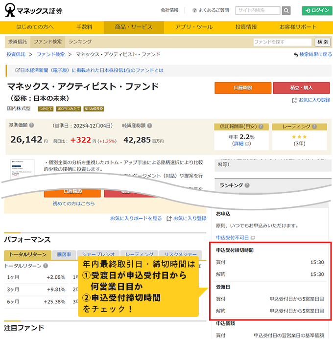 投資信託の年内最終取引日のお知らせ | 最新情報 | マネックス証券