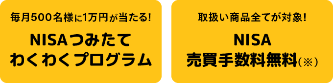 毎月500名様に1万円が当たる！NISAつみたてわくわくプログラム、取扱い商品全てが対象！NISA売買手数料無料（※）