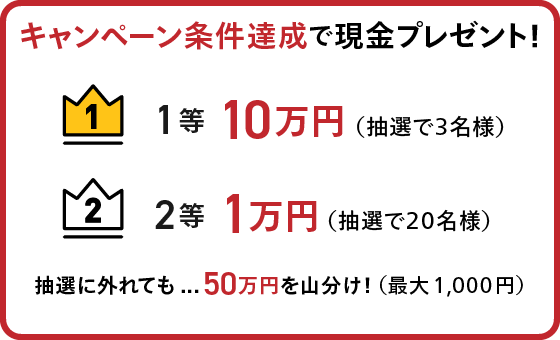 キャンペーン条件達成で現金プレゼント!1等 10万円(抽選で3名様)2等 1万円(抽選で20名様)抽選に外れても...50万円を山分け!(最大1,000円)